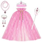 Princess Cape Set 8 Pieces Girls Princess Cloak with Tiara Crown Wand Jewelry Set for Toddles Girls Dress up 3-8 (Pink)