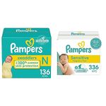 Pampers Diapers Newborn/Size 0 (< 10 lb / < 4.5 Kgs) + Pampers Baby Wipes Sensitive Perfume Free 6X Pop-Top Packs