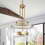 WUZUPS Chandelier Rustic Farmhouse Industrial Round Ceiling Pendant LED Light Fixture Clear Seeded Glass Shade for Dining Room Kitchen Island Foyer Entryway, H 20.9" x W 15.9", Gold