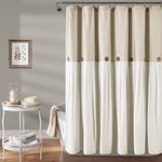 Lush Decor Linen Button Farmhouse Shower Curtain Pleated Two Tone Design for Bathroom, 72" x 72", Linen