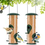 FEED GARDEN 2 Pack Tube Bird Feeders for Outdoors Hanging, 4 Ports,Premium Hard Plastic Finch Feeder Rust-Proof, Heavy Duty Metal Lid and Base Gifts Wild Bird Feeders 8.5 Inch Green