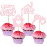 24Pcs Sweet Home Cupcake Toppers House Warming Decorations Glitter Welcome New Home Cupcake Picks for Housewarming Party Cake Decorations Light Pink