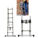 1.9M A Frame Telescopic Ladder Stainless Steel Loft Ladder, EN131 Safety Multi-Purpose Ladders Extendable Roof Ladder with Height Adjustable, Anti-Slip Rubber Feet, Portable Folding Ladder