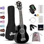 Winzz Soprano Ukulele Starter Kit For Beginners with Bag, Clip-On Tuner, Extra Strings, Strap, Plectrum, Fret Stickers, Chords Card, Polishing Cloth, Black