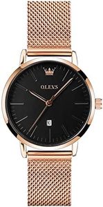OLEVS Womens Rose Gold Watches Large Face Stainless Steel Ladies Watches for Small Wrists Thin Casual Dress Watch Women with Date Black Dial Minimalist Mesh Bracelet Watch for Women Waterproof