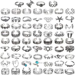 MJust 54Pcs Open Toe Rings Set for Women Men Adjustable Vintage Retro Knuckle Ring Toe Finger Tail Ring Beach Foot Jewelry (67Pcs)