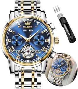 OLEVS Watches for Men Automatic Mens Skeleton Watches Wind Up Watch for Men Luxury Blue Face Gold Stainless Steel Waterproof Dress Self Wind Mens Watches reloj para Hombre