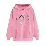 Sweater for Women UK, Ladies Fleece Warm Drawstring w Pockets Drop Shoulder Plain Long Sleeve Fall Winter Heart Pattern Print Hoodie Pullover Loose Sweatshirts Pink