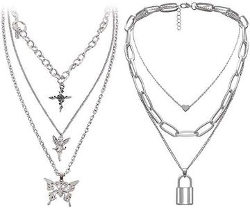 MELLIFO Fairy Grunge Necklace Set Fairycore Coquette Jewelry Set Butterfly Lock Chains Necklace Gyaru Angel Heart Layered Choker Punk Emo Aesthetic Chunky Chains for Eboy Egirl Women Men, Metal, chain
