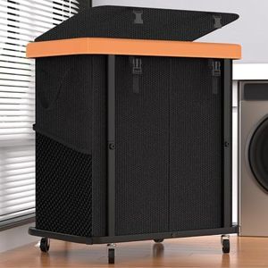 190L (50 Gal) Large Fashion Laundry Basket with Wheels, Leather Patchwork Rolling Hamper Carts, Sturdy Metal Frame, Removable Washable Bag, Tall Clothes Sorter for Bedroom - 2 Setion Black