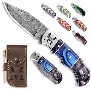 Custom Pocket Knife gifts for Men, Personalized Damascus Folding Knife, Engraved Gifts for Him, Dad, Boyfriend, Husband, Anniversary, Groomsmen Gifts. Custom Knife for Camping Hunting Everyday Carry (Black Blue)