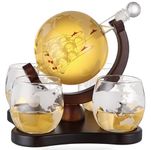 INOVIQUE Premium Globe Decanter (850ML) Set | Set of 4 Globe Glasses (300ML) | Antique Ship| Mahogany Wood Holder Tray | for Whiskey, Wine, Bourbon, Scotch and More