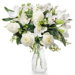 Love Bloom Fake Artificial Flowers with Vase - Fully Bloom Flower Bouquet with Silk Roses and Orchids in a Clear Vase with Satin Ribbon - For Wedding, Home Decor, Office, Table Centrepiece & Party