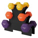 SONGMICS Hex Dumbbells Set with Stand, 2 x 1 kg, 2 x 1.5 kg, 2 x 2 kg, Hand Weights with Neoprene Matte Finish, for Home Exercise, Yellow, Orange, and Purple SYL69BK