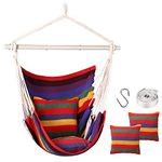 Hammock Chair Hanging Rope Swing, Topind Hanging Chair with Sturdy Steel Spreader Bar with Anti-Slip Rings - Max 500 Lbs - 2 Cushions Included for Indoor or Outdoor Spaces (Red)