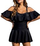 COCOPEAR Women's One Piece Flounce Swimsuit Off Shoulder Bathing Suit Tummy Control Swimdress(FBA) Black 3XL/20-22