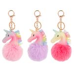 JUPSK 3 Pack Unicorn Fluffy Keychain, Pom Pom Keyring Soft Plush Keychain Furry Keyring for Girls Kids Women Bag Car Room