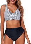 Aqua Eve Women High Waisted Bikini Twist Front Swimsuits Lace up Bikini Tops Ruched Push up 2 Piece Bathing Suits, Black and Stripe, Medium