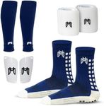 MediCaptain Soccer Grip Socks, Shin Guards, Pre Cut Sock Sleeves, and Guard Straps Bundle Pack - Essential Equipment for Soccer Players - for Mens, Women, Youth, Size 7 to 12 US Men Shoe Size (Navy)