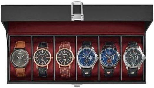 SONGMICS Watch Box, 6-Slot Watch Case with Large Glass Lid, Removable Watch Pillows, Watch Box Organizer, Christmas Gift, Black Synthetic Leather, Wine Red Lining UJWB006R01