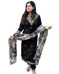 GoSriKi Women's Rayon Blend Straight Embroidered Kurta with Pant & Dupatta (Meena Black-GS_XL_Black_X-Large)