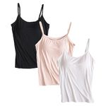 Jamron Womens 3 Pieces Basic Camisole Adjustable Strap Vest Tank Tops with Built-in Shelf Bra Stretch Undershirts Black + White + Nude L