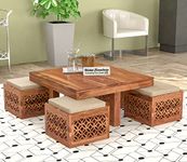 Signature Kraft Wooden Coffee Table with 4 Stool in Carved Design | Solid Wood Center Table for Living Room, Home, Office Furniture | Coffee Table Set in Natural Teak Finish