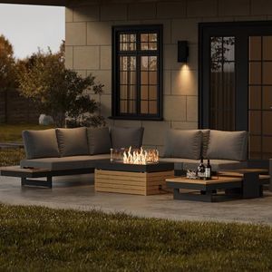 homary Patio Conversation Sets with Fire Pit, Modular Outdoor Sofa Aluminum & Teak Outdoor Sofa Se with Glass Wind Guard Ideal for Patios & Balconies, 6 Pepole