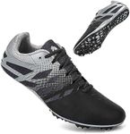 THESTRON Men Women Kids Track and Field Shoes Professional 8 Spikes Running Racing Sneakers Breathable Lightweight Sprinting Shoes (8.5,Black Grey)