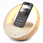 Bluetooth Speaker Alarm Clock, 15W Wireless Charging, Sunrise Simulation, Adjustable LED Night Light, Sleep Aid & Snooze, Loud Volume for Heavy Sleepers, Kids Bedroom, Gift (Wood)