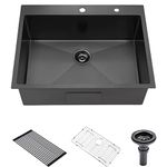 25 Inch Black Drop in Kitchen Sink, Luckyhorse 16 Gauge Stainless Steel Nano Black Topmount Kitchen Sink with 2 Holes LH001S