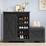 DWVO Farmhouse Shoe Storage Cabinet with Shoe Bench, 5-Tier Shoe Cabinet with Adjustable Shelves for 20 Pairs, Narrow Slim Shoe Cabinet with Sliding Door for Entryway, Hallway, Living Room (Black)