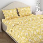 haus & kinder 100% Cotton Queen Size Bedsheet for Double Bed, 1 Cotton Bed Sheet for Double Bed (90 X 100 Inches) with 2 Pillow Covers | 186 TC | Marigold Majesty | Yellow