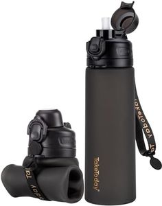 TakeToday Collapsible Water Bottles 20oz, Leak Proof, BPA-Free, Foldable Silicone Travel Water Bottle with Straw Strap for Cycling, Hiking, Outdoors (Black)