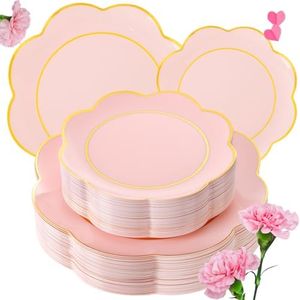 60Pcs Pink Gold Rim Plastic Plates, Scalloped Disposable Plates