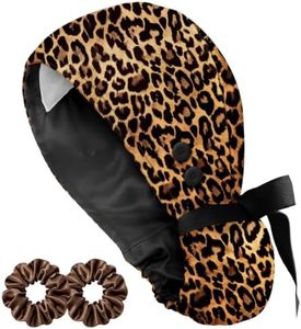 Plifal Adjustable Satin Lined Scrub Cap with Buttons-100% Cotton Leopard Surgical Cap with Sweatband for Women Nurse, Working Hat and 2 Scrunchies for Long Hair