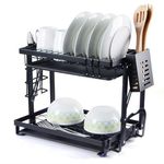 Lucario Metal Dish Drying Rack, 2 Tier Rack With Tray Utensil Holder, Large Capacity Drainer Cutting Board Holder Drain For Kitchen Counter Organizer Storage(310 Rack, 9.92 X 12.6 Inch, Black)