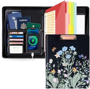 Leather Clipboard with Storage, Zippered Padfolio Portfolio Organizer, 3 Ring Binder 1 Inch, Notepad, Tablet Sleeve, 5 Dividers with Pocket, Stickets for Office Nurses Students, Teachers Night Flowers