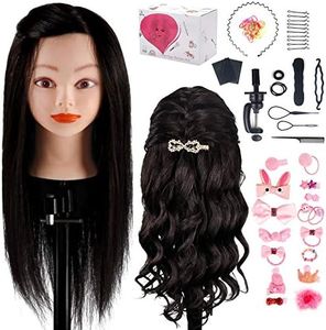 Styling Head, Hairdressing Training Head, TwoWin 18 Inch 100% Real Human Hair Cosmetology Styling Mannequin Doll with Clamp Stand and Braid Set, Suitable for Straightening, Curling, Perming