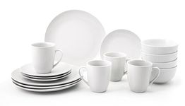 16PC Dinnerware Porcelain White Set: 4 Dinner Plates, 4 Side Plates, 4 Bowls & 4 Mugs. Dishwasher & Microwave Safe.