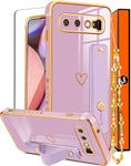 Likiyami (3in1) for Samsung Galaxy S10 Case Heart Women Girls Cute Girly Aesthetic Trendy Luxury Pretty with Loop Phone Cases Purple Lavender Plating Love Hearts Cover+Screen+Chain for Galaxy S10 6.1"