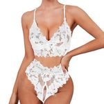 Sexy Lingerie for Women Sets Lace Mesh Suspenders Babydoll Underwear Transparent Tulle Bra with Bow High Waist Crotchless Knickers Pyjamas Outfits for Ladies Carnival Valentines Day (White, S)