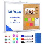 Combination White Board & Bulletin Cork Board Whiteboard Magnetic, Combo Dry Erase Board with Aluminum Frame Hanging Message Board Wall Mounted