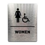 Women/Wheelchair Restroom Sign by GDS - ADA Compliant, Wheelchair Accessible, Raised Icons, Grade 2 Braille - Includes Adhesive Strips for Easy Installation - 6" W x 8" H (Brushed Aluminum)