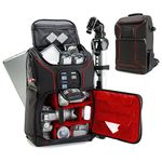 USA GEAR DSLR Camera Backpack Case - 15.6 inch Laptop Compartment, Padded Custom Dividers, Tripod Holder, Rain Cover, Long-Lasting Durability and Storage Pockets - Compatible with Many DSLRs (Red)