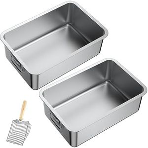 Mfancy 2 Pack Extra Large Stainless Steel Cat Litter Box, Litter Box for Cat, Non-Stick Smooth Surface,Odor Control,Easy Clean,Side with Carry Handle,Comes with a cat Litter Scoop(Size:60 * 40 * 15)