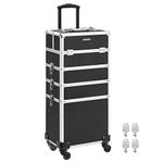 SONGMICS Professional Makeup Case, 4-in-1 Travel Beauty Trolley, Large Cosmetic Trolley for Hairdressers, Lockable Rolling Makeup Case with 360-Degree Universal Castors, Black JHZ11BK