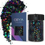 Ceya Holographic Chunky Glitter, 3.5oz/ 100g Black Craft Glitter Powder Mixed Chunky Fine Flakes Iridescent Nail Sequins for Nail Art, Hair, Epoxy Resin, Tumblers, Slime, Painting, Festival Decor