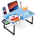 OPTIFINE Foldable Wooden Mini Laptop Table for Bed, Study Table with Drawer, Tablet/Mobile Holder for Kids & Adults->> (White-US-COTTED-DOREMON)