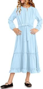 BesserBay Girls Long Sleeve Casual Maxi Dress with Pockets 5-14 Years, Blue, 6 Years